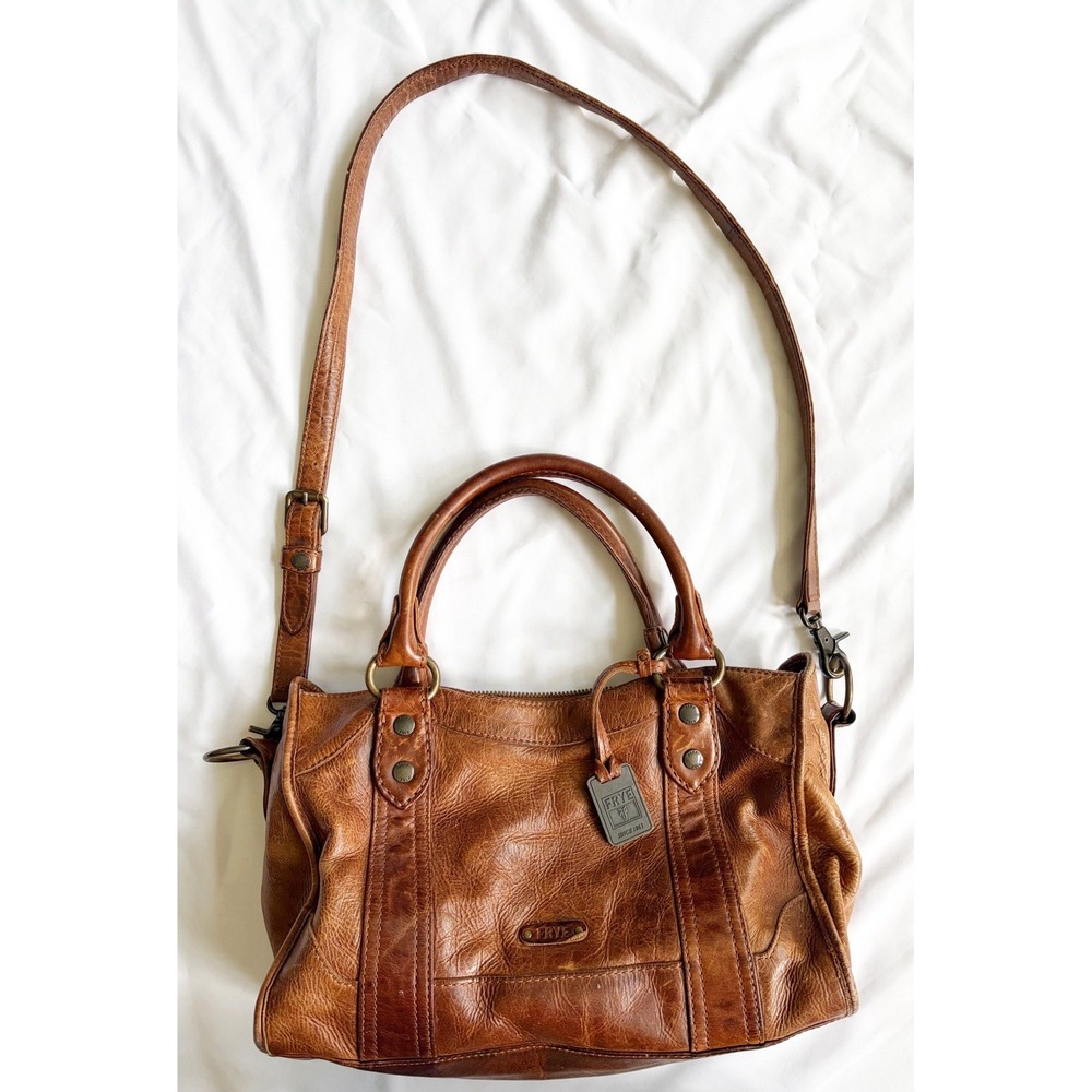 Frye Melissa Satchel Cognac Brown Leather Crossbody Handbag Distressed Medium